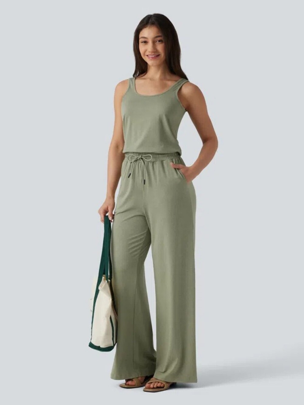 Halara U-Neck Sleeveless Drawstring Heathered Casual Baggy Jumpsuit with Pockets